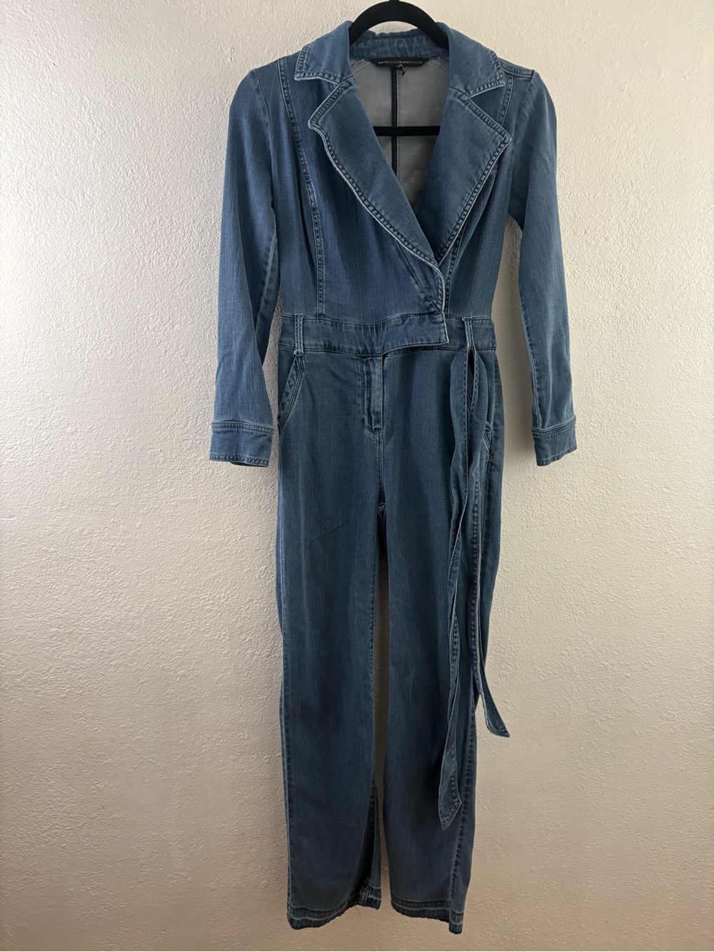 White House Black Market denim jumpsuit long sleeves faux-wrap size 00P